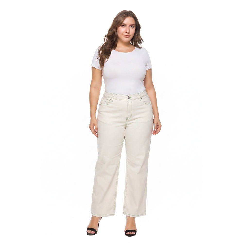 LL Bean Womens 20 Petit White Jeans Green Contrast Stitch Straight‎ Leg 0JCU4